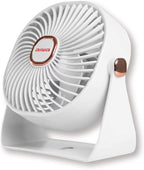 4" white USB-C rechargeable desk fan with 3 speeds and 270-degree rotation on desk