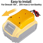 Power Connector DIY Battery Adapter Holder Dock for Dewalt 18V/20V Max Battery in yellow plastic with wires and screw holes