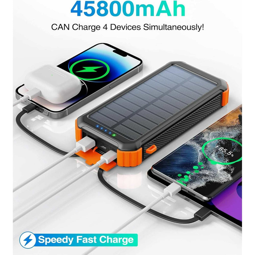 45800mAh solar power bank with built-in cables, multiple ports, fast charging, and LED flashlight for iPhone and Android phones