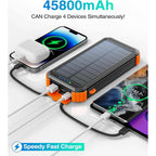 45800mAh solar power bank with built-in cables, multiple ports, fast charging, and LED flashlight for iPhone and Android phones