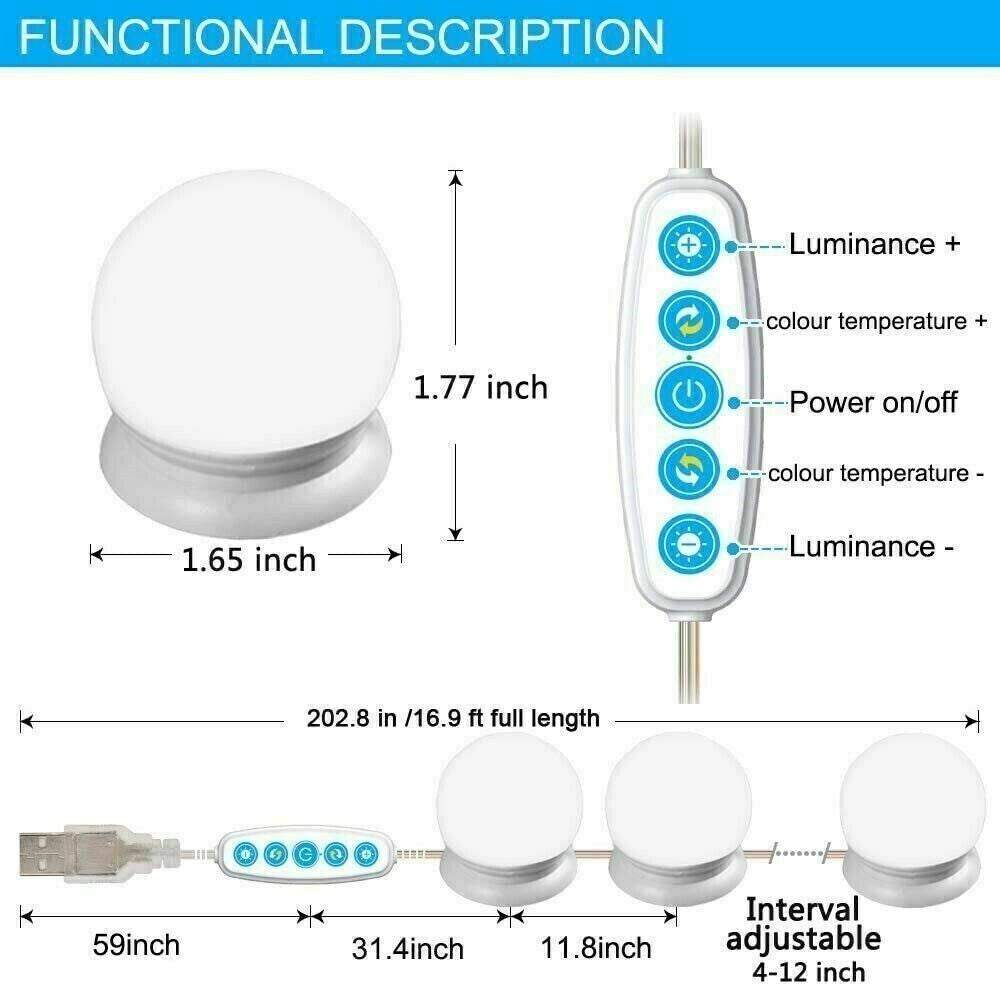 Make up mirror lights kit with 10 dimmable LED bulbs and USB power supply