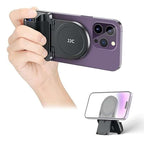 Magnetic phone camera grip handle with wireless shutter remote in black attached to smartphone