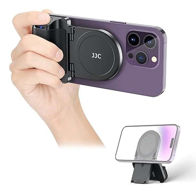 Magnetic phone camera grip handle with wireless shutter remote in black attached to smartphone