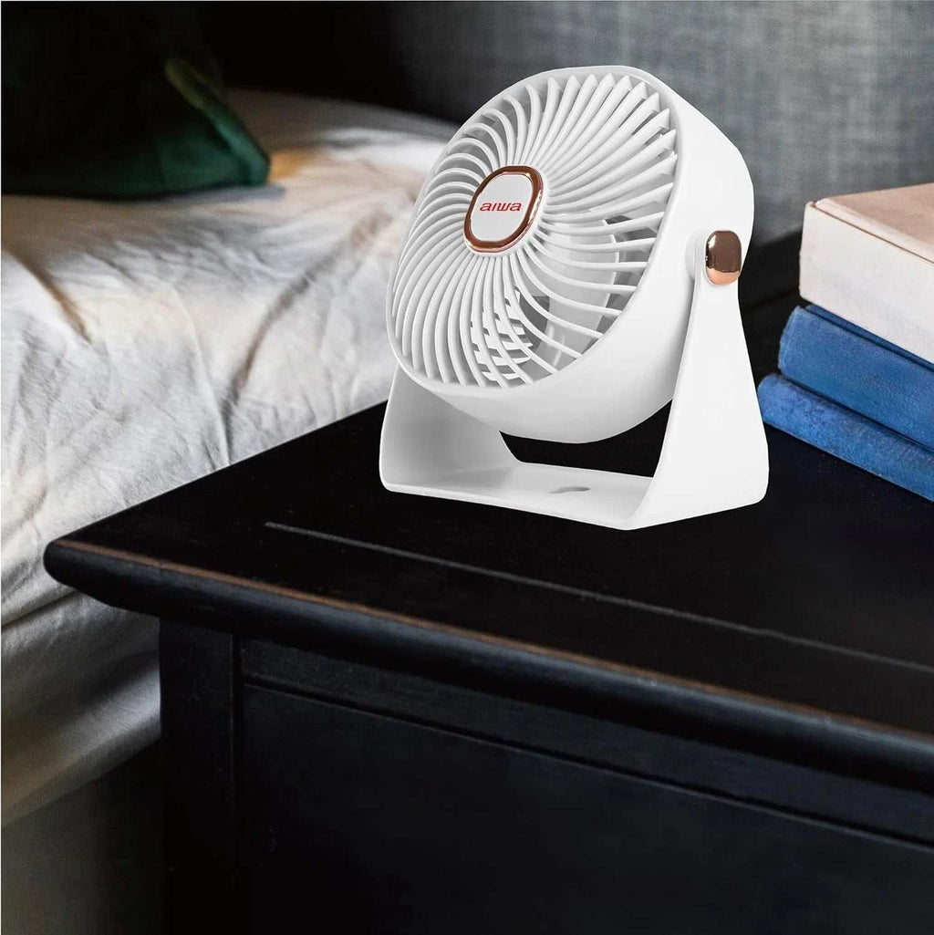4-inch white USB-C rechargeable desk fan with 3 speeds and 270-degree rotation on a desk
