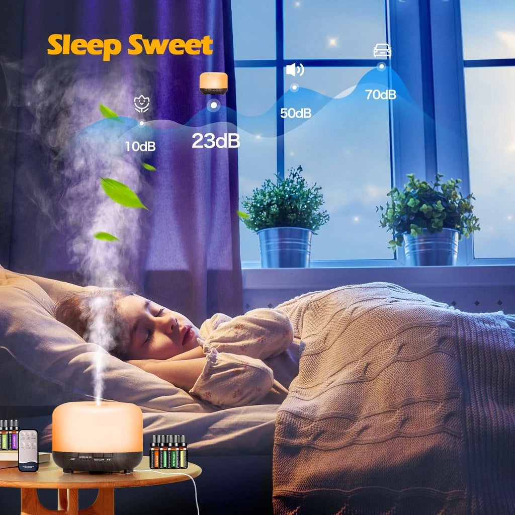 500Ml Essential Oil Diffuser with 6*10Ml Essential Oils Set, Black Woodgrain Aroma Air Humidifier with Remote Control for Bedroom Home Office, Waterless Auto Shut-Off