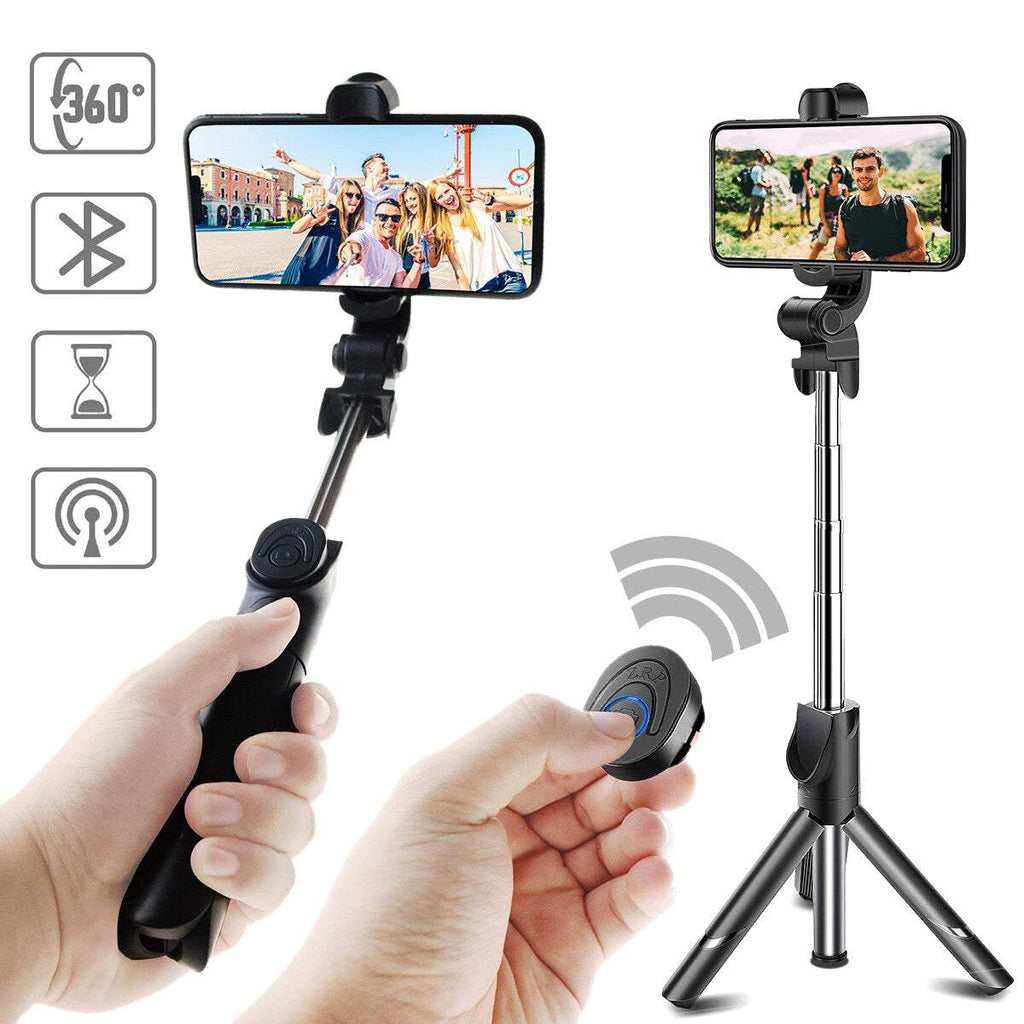 Black extendable selfie stick tripod with Bluetooth remote shutter and 360-degree rotation for phone photography
