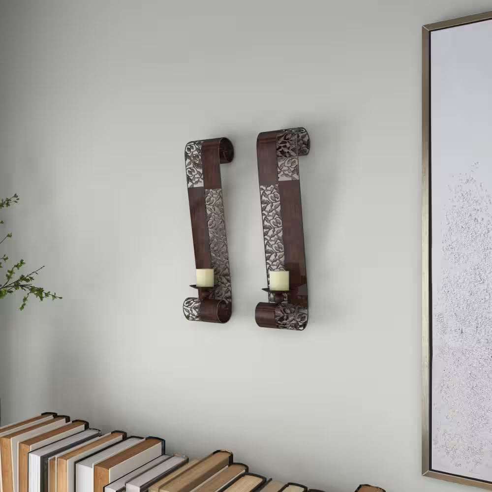 Brown Metal Leaf Wall Sconce with Scroll Designs (2- Pack)