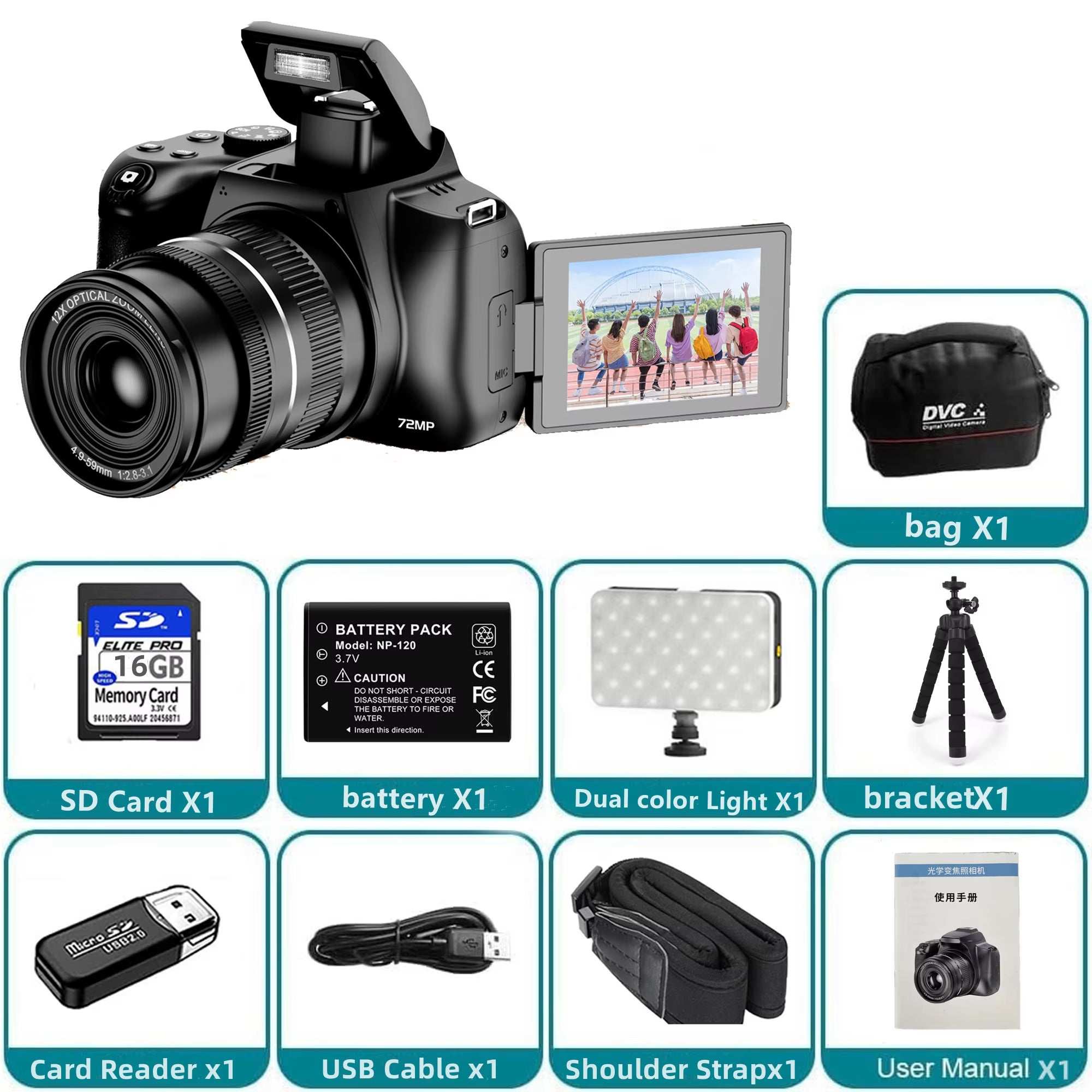12X Optical Zoom Cameras for Photography Auto Focus 4K 72MP Digital Video Vlog Camera Wifi Livestream Camcorder 270°Flip Screen