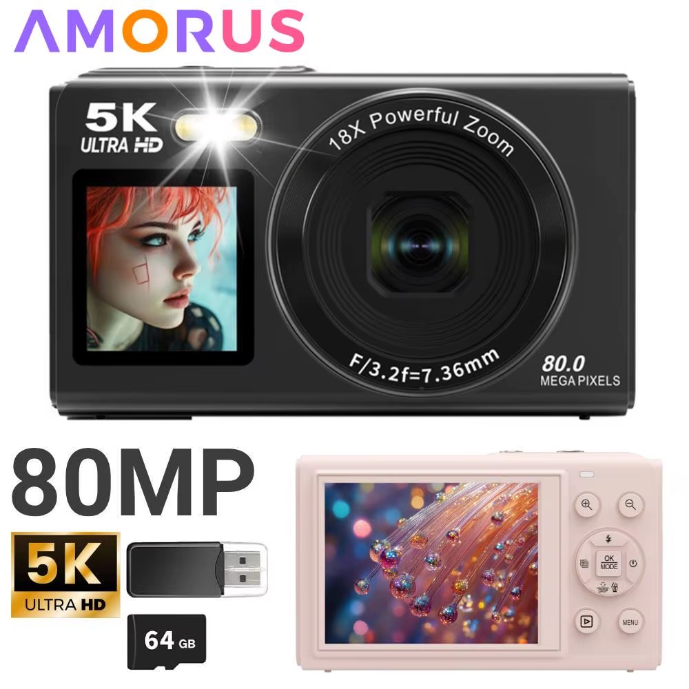 Digital Camera CCD Dual Screen Portable Digital Camera With18X Zoom 5K Vlogging Camera 80MP CCD Selfie Camera with 64GB Card