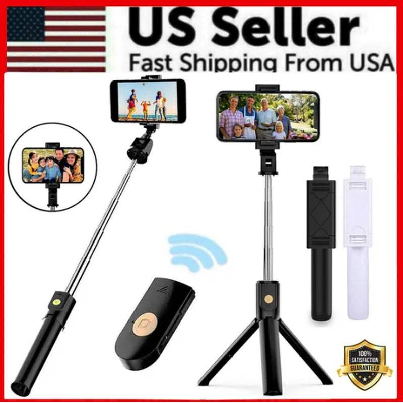 Selfie stick tripod with Bluetooth remote and adjustable phone holder for iPhone and Samsung devices