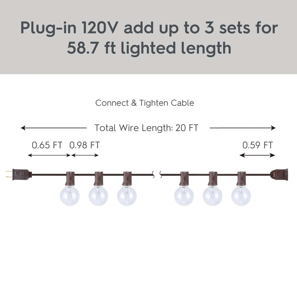 20-Count G40 Clear Glass Globe outdoor string lights with warm white bulbs on brown wire for patio and indoor use