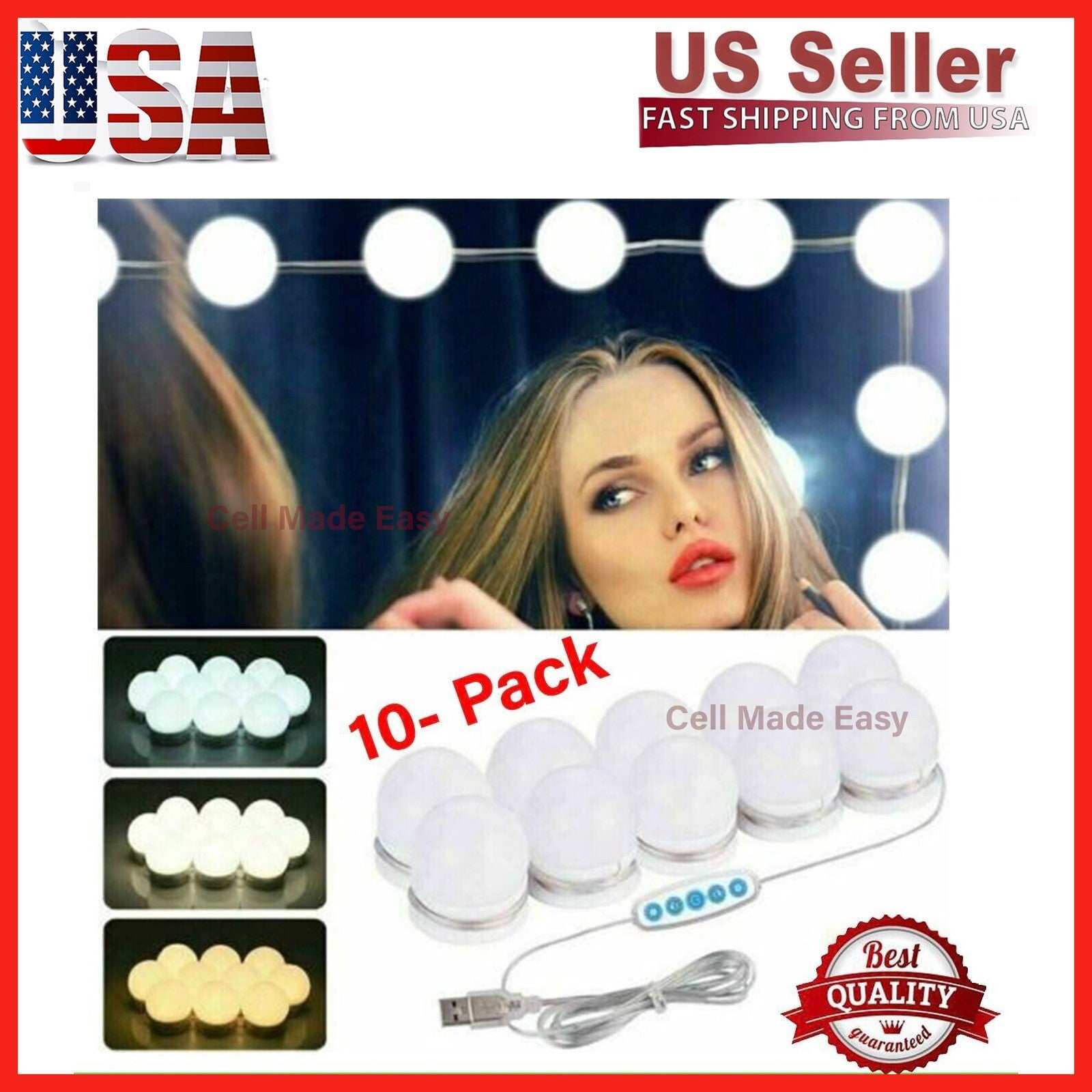 10 LED make up mirror lights vanity kit with dimmable bulbs and USB power supply
