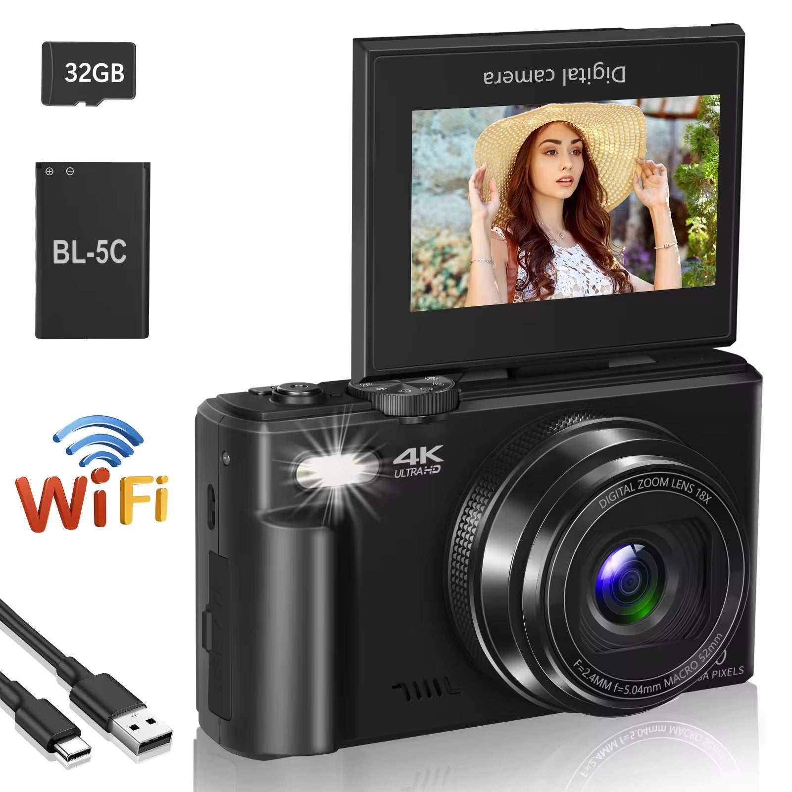 4K Compact Digital Photography Camera, 18X Digital Zoom, Vintage Vlog Video Recorder for Youtube, 180° Flip Screen, Wifi Webcam