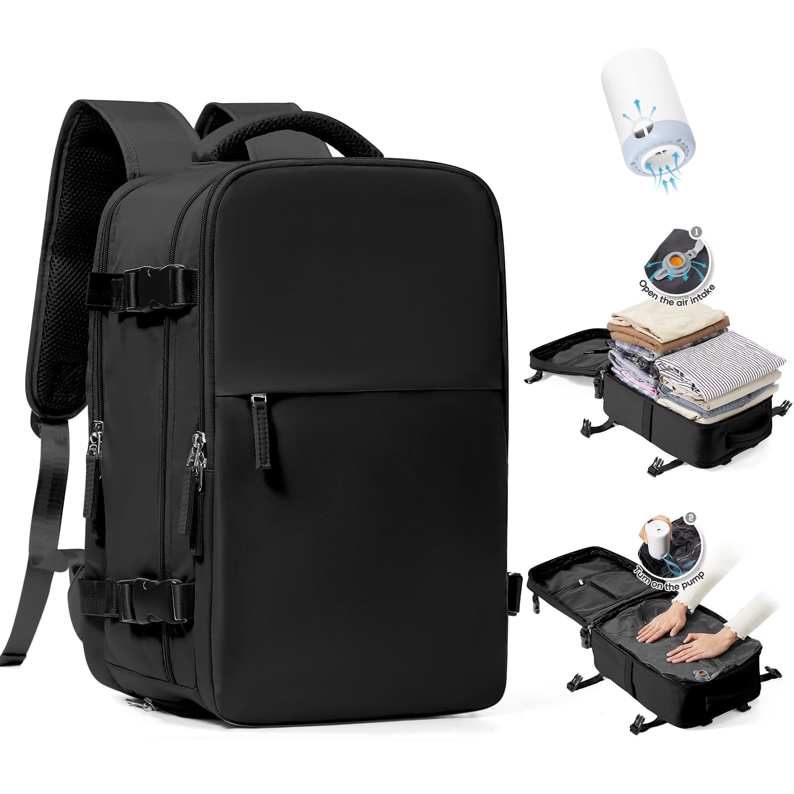Vacuum Seal Compression Large Travel Backpack with Air Pump, Personal Item Airbag Carry on Backpacks Flight Approved, Airback Waterproof Work Compression Bags Travel Pump Business Laptop Suitcase