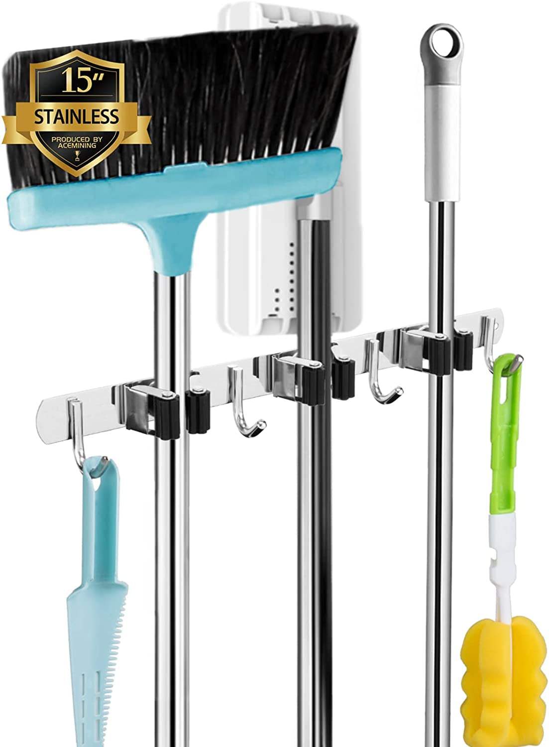 5 Racks and 4 Hooks Mop and Broom Holder Wall Mount, Broom Organizer Storage Tool Racks Stainless Steel Heavy Duty Hooks Self Adhesive Solid Non-Slip for Home Kitchen Garden Laundry Garage