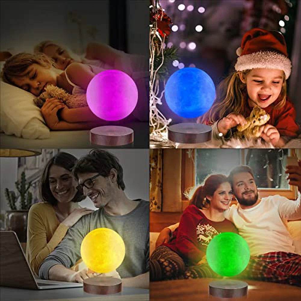 Levitating floating moon lamp with 16 color LED, wireless magnetic levitation and 360-degree rotation, 3D printed lunar surface night light for room decor