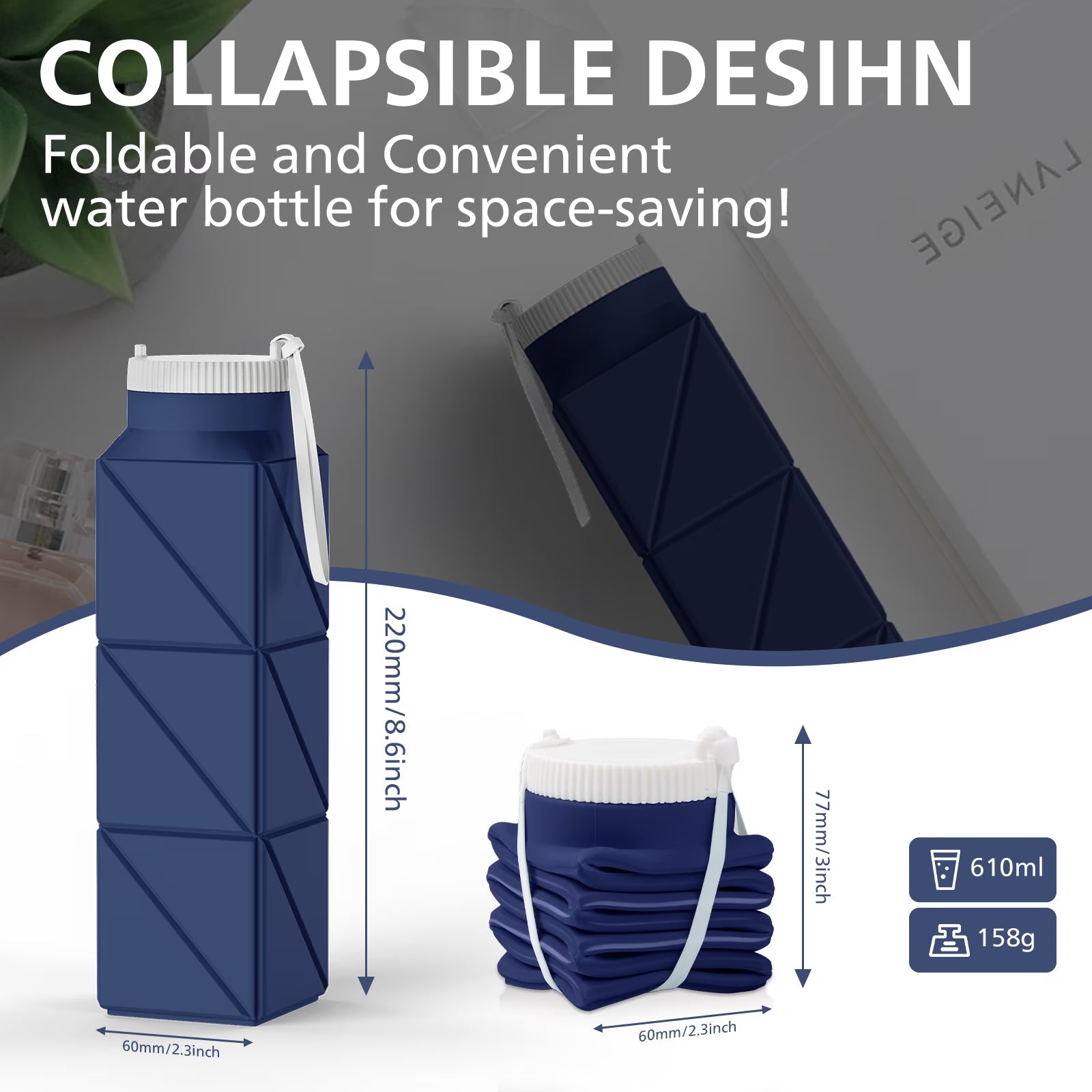 610Ml Foldable Water Bottle: Food-Grade Leakproof Lid, Bpa-Free Silicone. for Travel, Gym, School & Outdoors. (Blue)