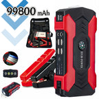 99800Mah Car Jump Starter with 8-in-1 functions including LED flashlight, emergency hammer, compass, and portable charger