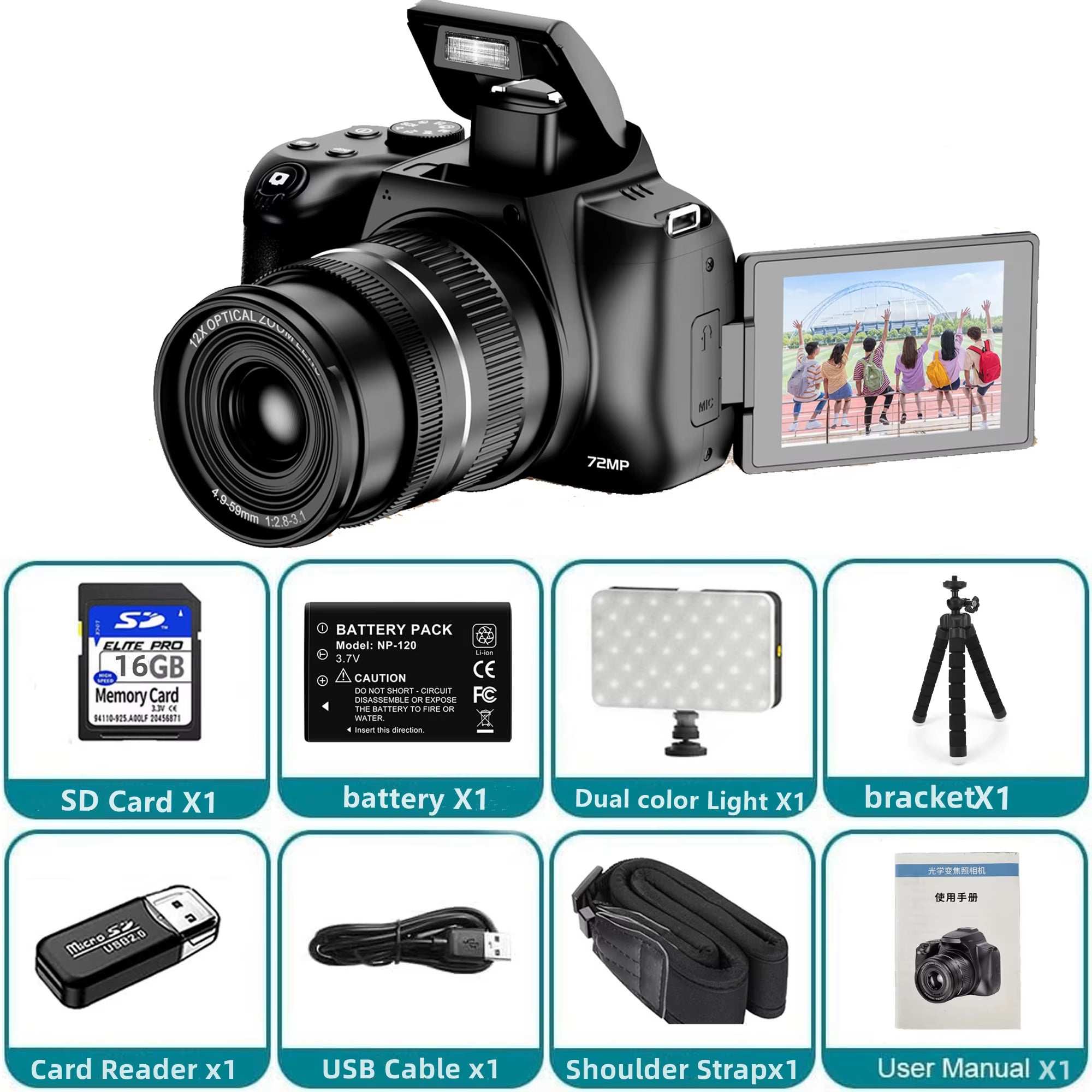 12X Optical Zoom Cameras for Photography Auto Focus 4K 72MP Digital Video Vlog Camera Wifi Livestream Camcorder 270°Flip Screen