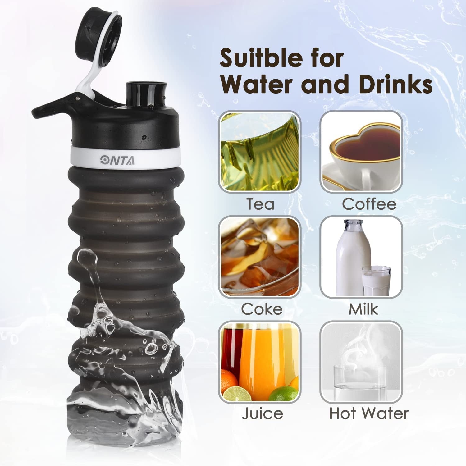 Collapsible Water Bottle- BPA Free Silicone Foldable Water Bottle for Travel,Silicone Portable Leak-Proof Travel Water Bottle 20Oz, Black