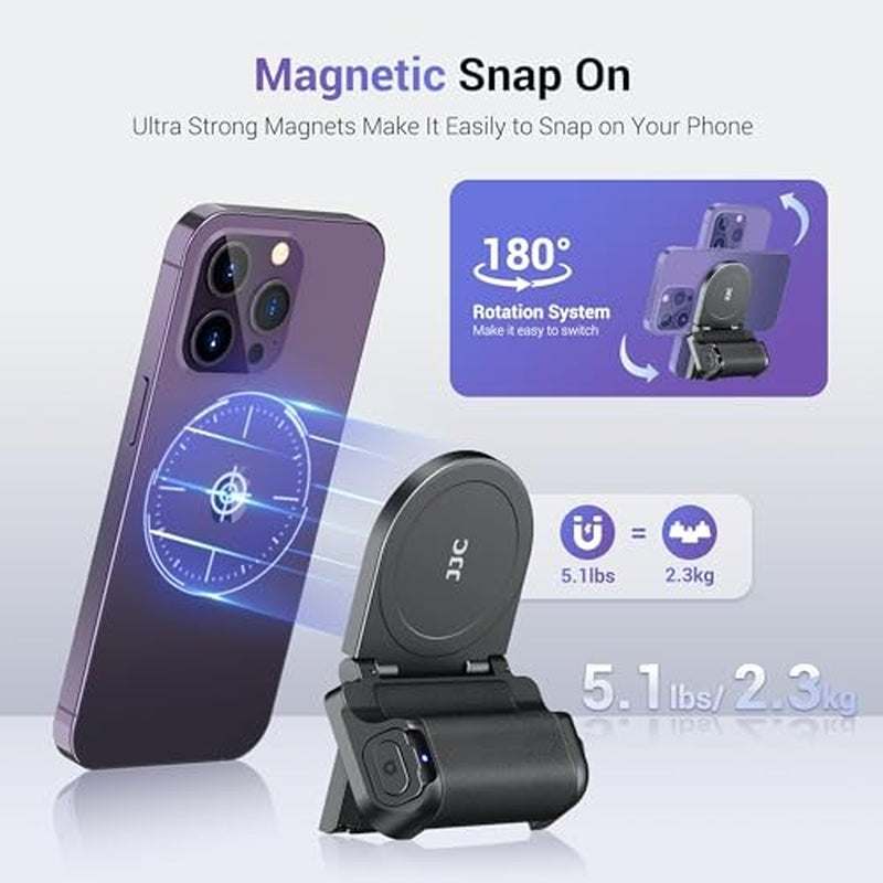 Magnetic phone camera grip handle with wireless shutter remote and Magsafe compatibility in black color