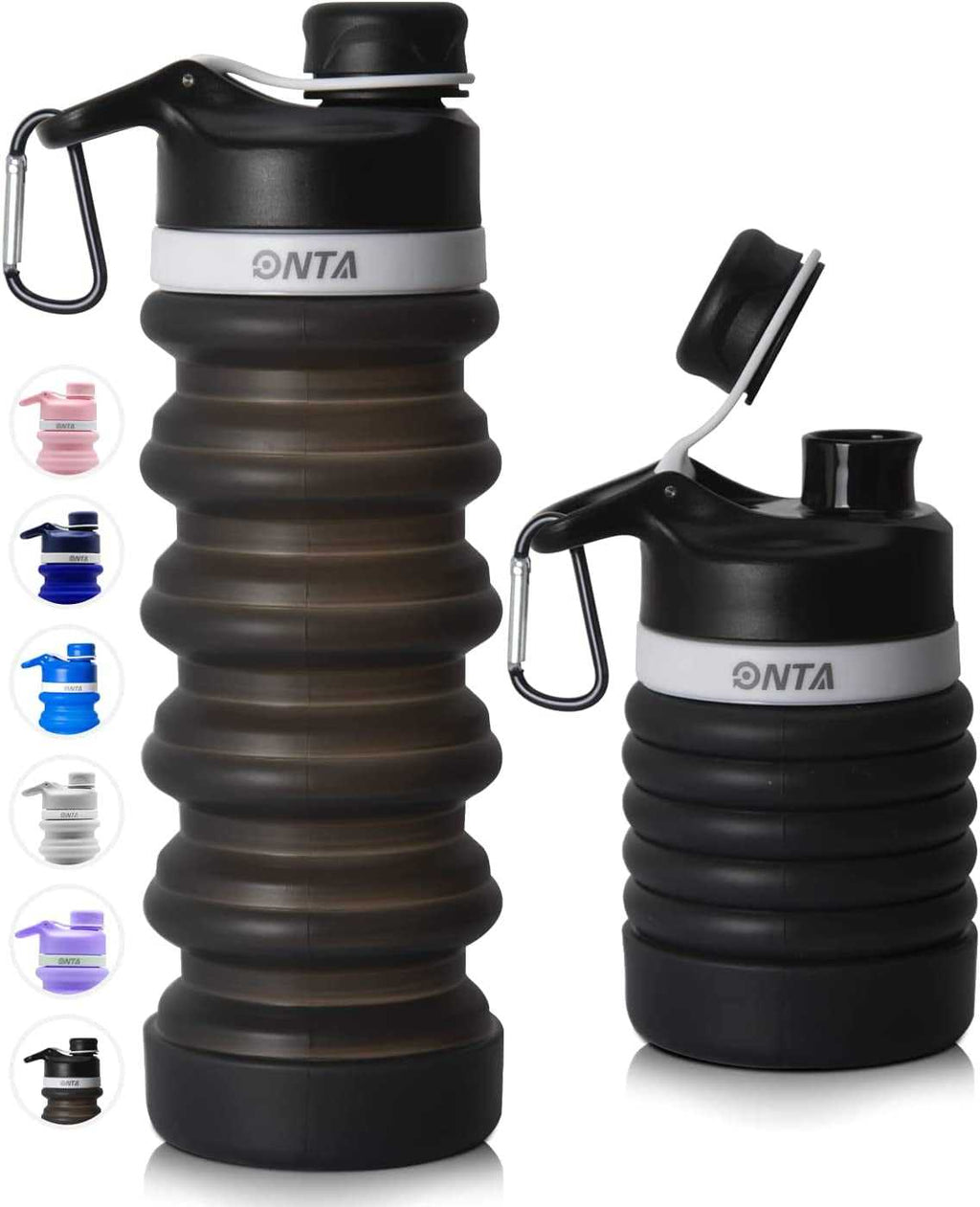 Collapsible Water Bottle- BPA Free Silicone Foldable Water Bottle for Travel,Silicone Portable Leak-Proof Travel Water Bottle 20Oz, Black