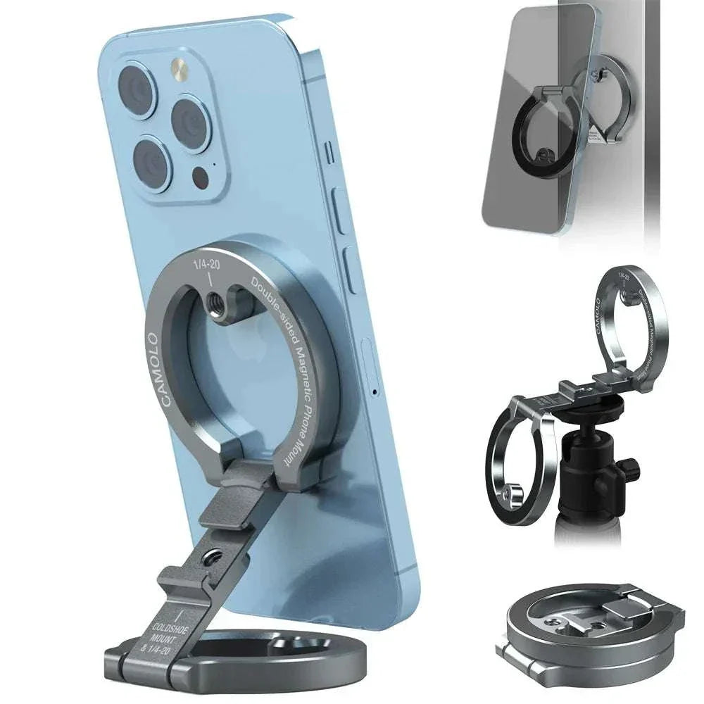 NEW Dual Magnetic Phone Holder 1/4" Screw Tripod Mount for Magsafe Iphone 16 15 14 13 12 Pro Max Android Gym Magnet Phone Stand