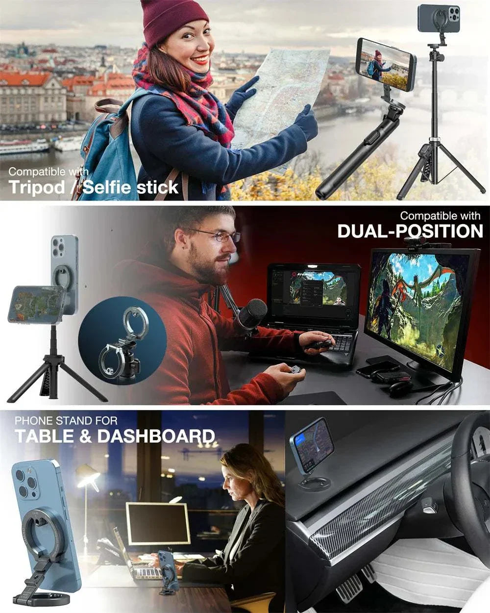 NEW Dual Magnetic Phone Holder 1/4" Screw Tripod Mount for Magsafe Iphone 16 15 14 13 12 Pro Max Android Gym Magnet Phone Stand