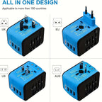 Blue universal travel adapter with multiple plugs and USB ports for fast charging in over 150 countries