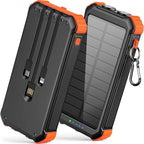 45800mAh solar power bank with built-in cables, fast charging, multiple ports, LED flashlights, and durable outdoor design