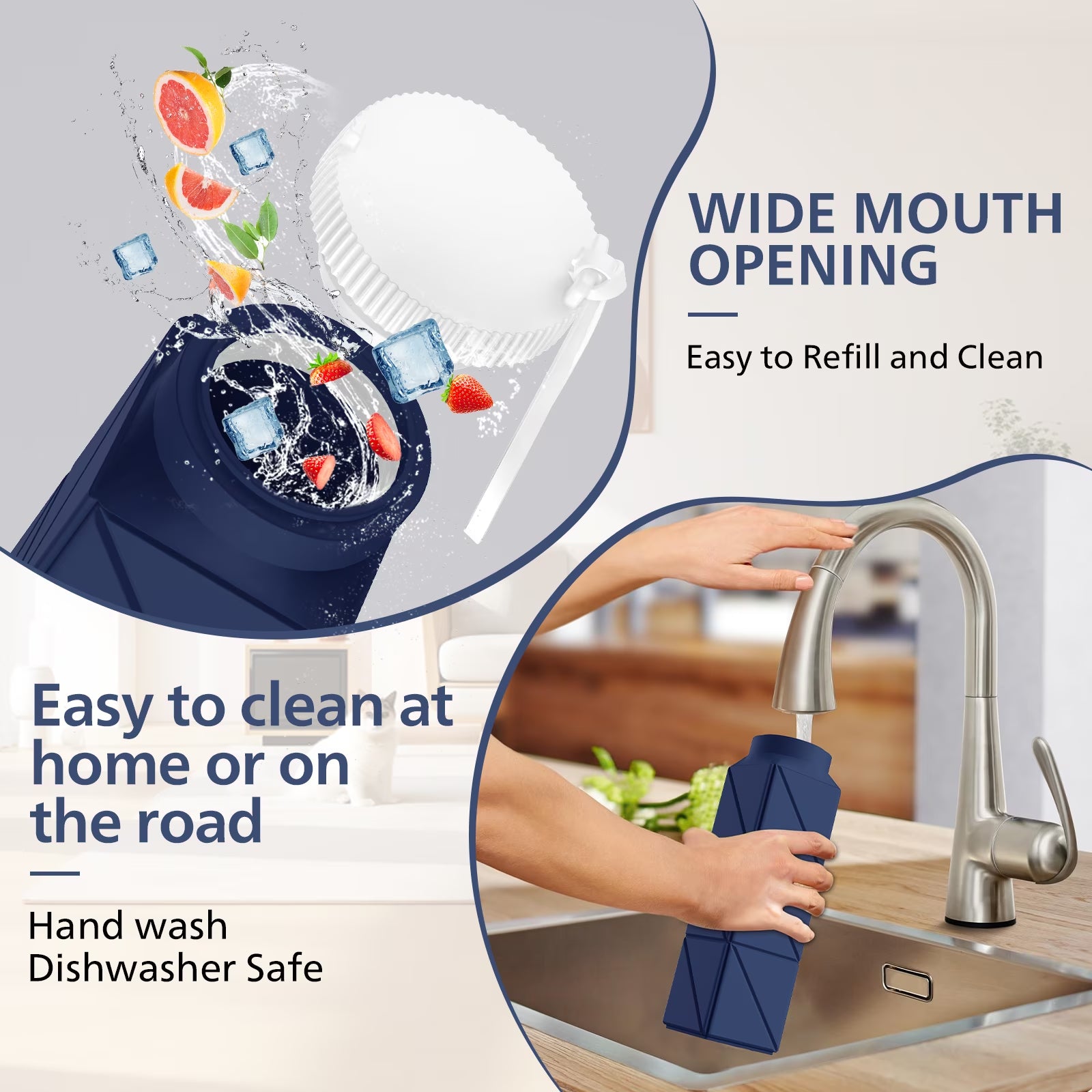 610Ml Foldable Water Bottle: Food-Grade Leakproof Lid, Bpa-Free Silicone. for Travel, Gym, School & Outdoors. (Blue)