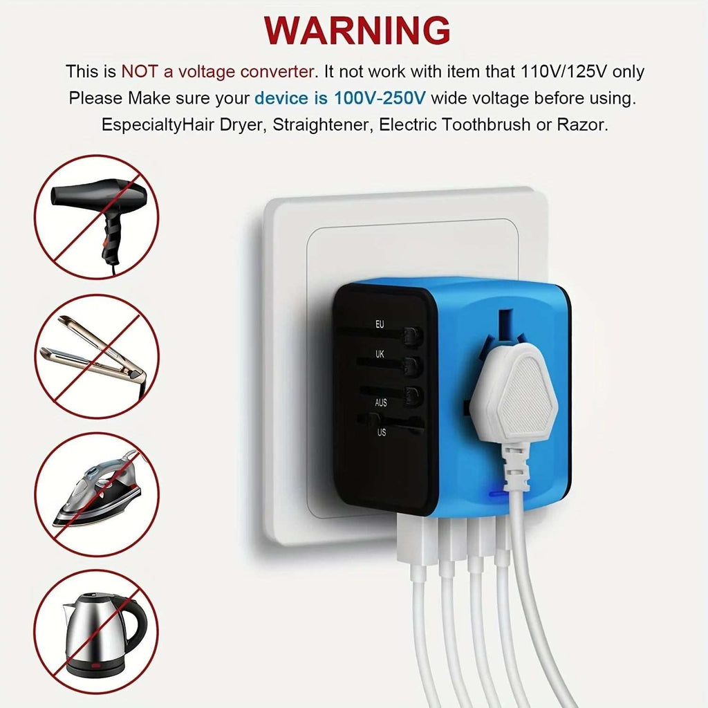Blue universal travel adapter with multiple plugs and USB ports for fast charging in over 150 countries