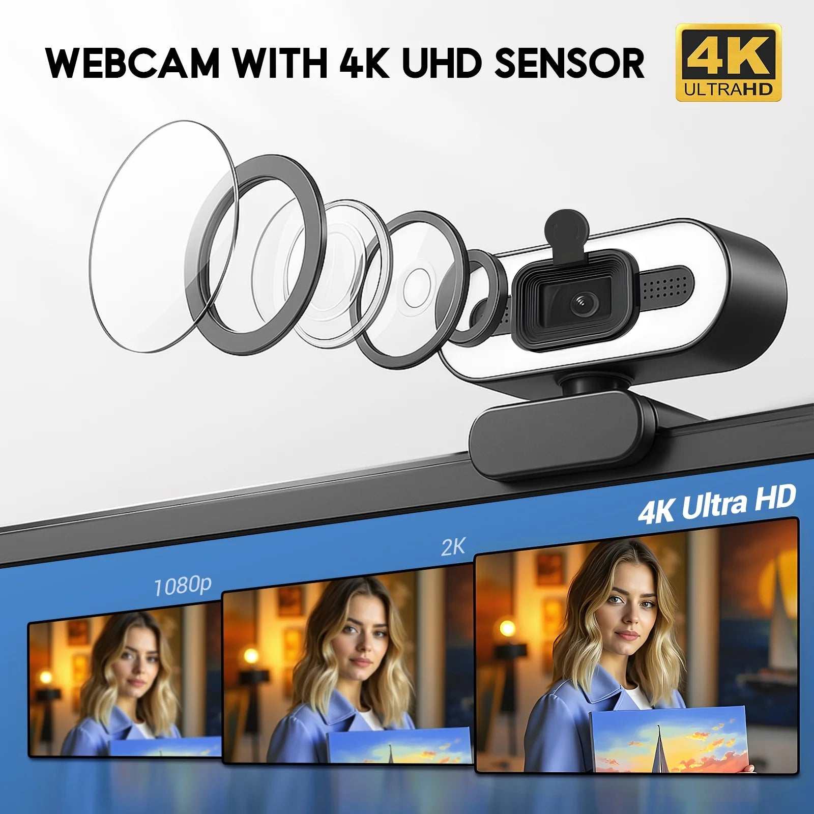 Webcam with Ring Light 4K HD USB Autofocus PC Webcam with Dual Mics for Xbox Laptop Computer Gaming Webcam