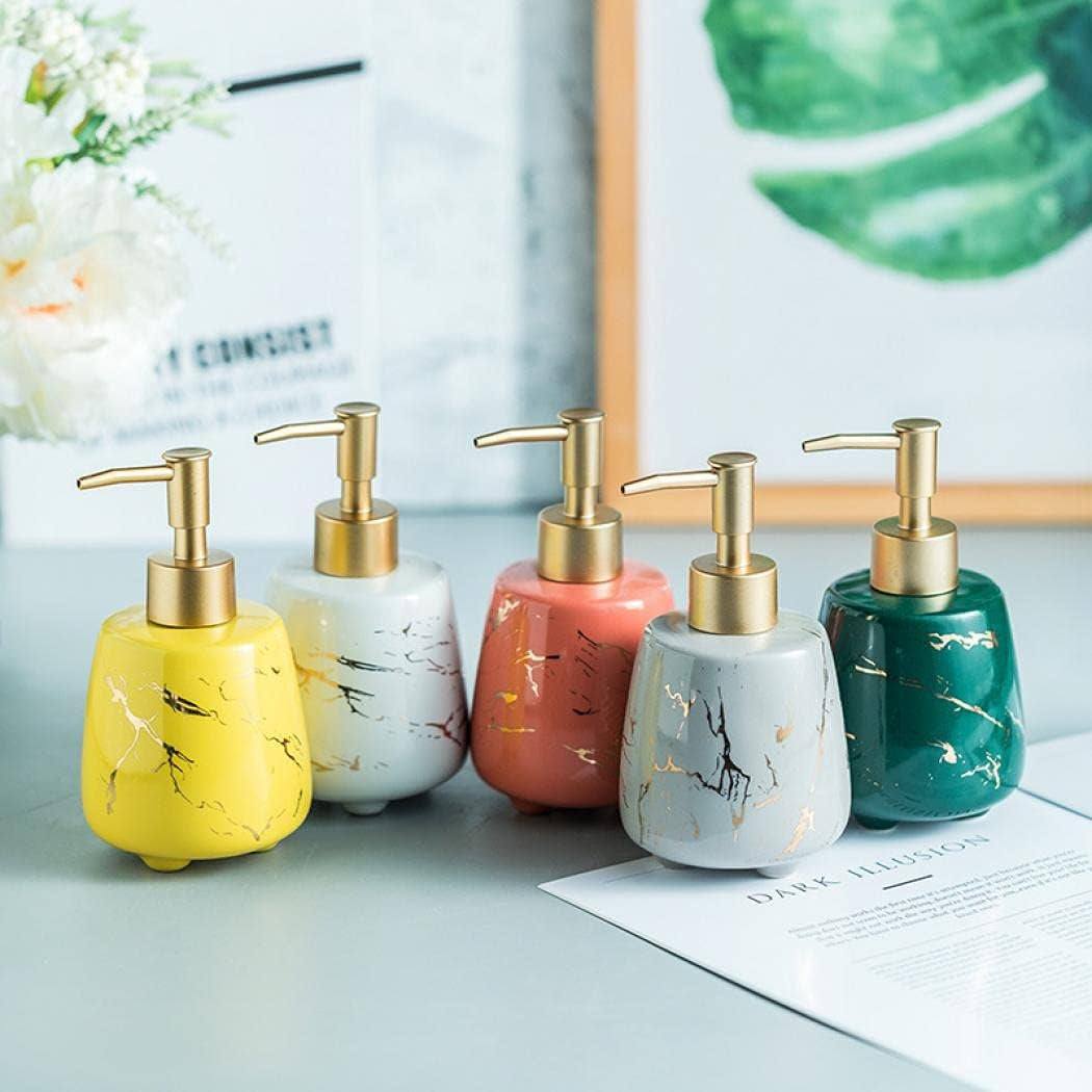 White ceramic hand soap dispenser with marble design and pump for bathroom and kitchen use