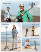 62" extendable phone tripod and selfie stick with wireless remote and adjustable phone holder for iPhone and Android