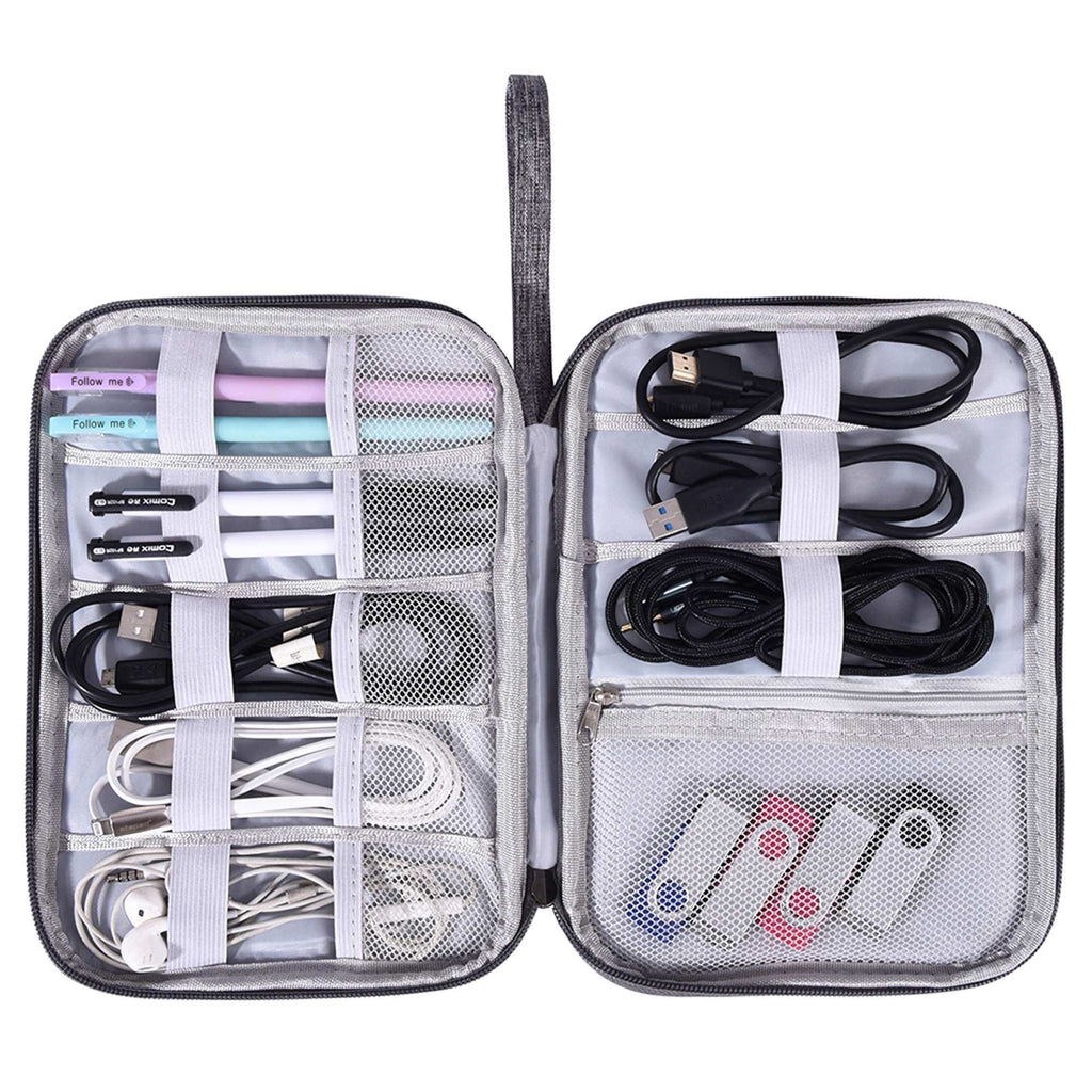 Gray waterproof travel cord organizer bag with multiple compartments and elastic loops for cables and accessories