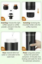 Compact 3-in-1 portable coffee maker with USB-C, LED display, 20-bar pressure, compatible with grounds and capsules, ideal for travel and outdoor use