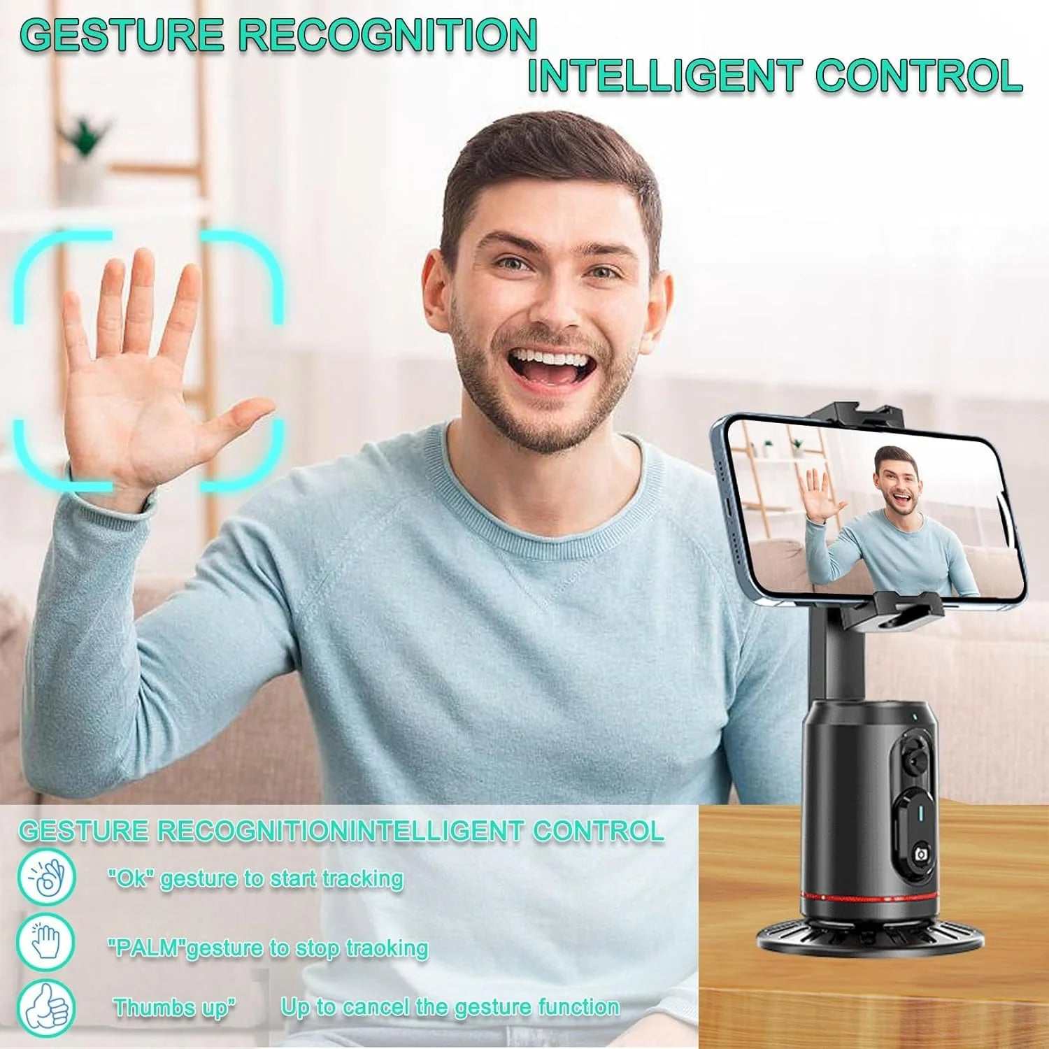 Trípode De Seguimiento Facial Automático, Soporte De Teléfono Con Seguimiento Automático Giratorio De 360° AI Smarts, No Se Requiere Aplicación, Soporte De Cámara Con Control Remoto Y Luces De Relleno RGB, Soporte De Disparo Recargable Para Grabación De Video En Vivo Tiktok