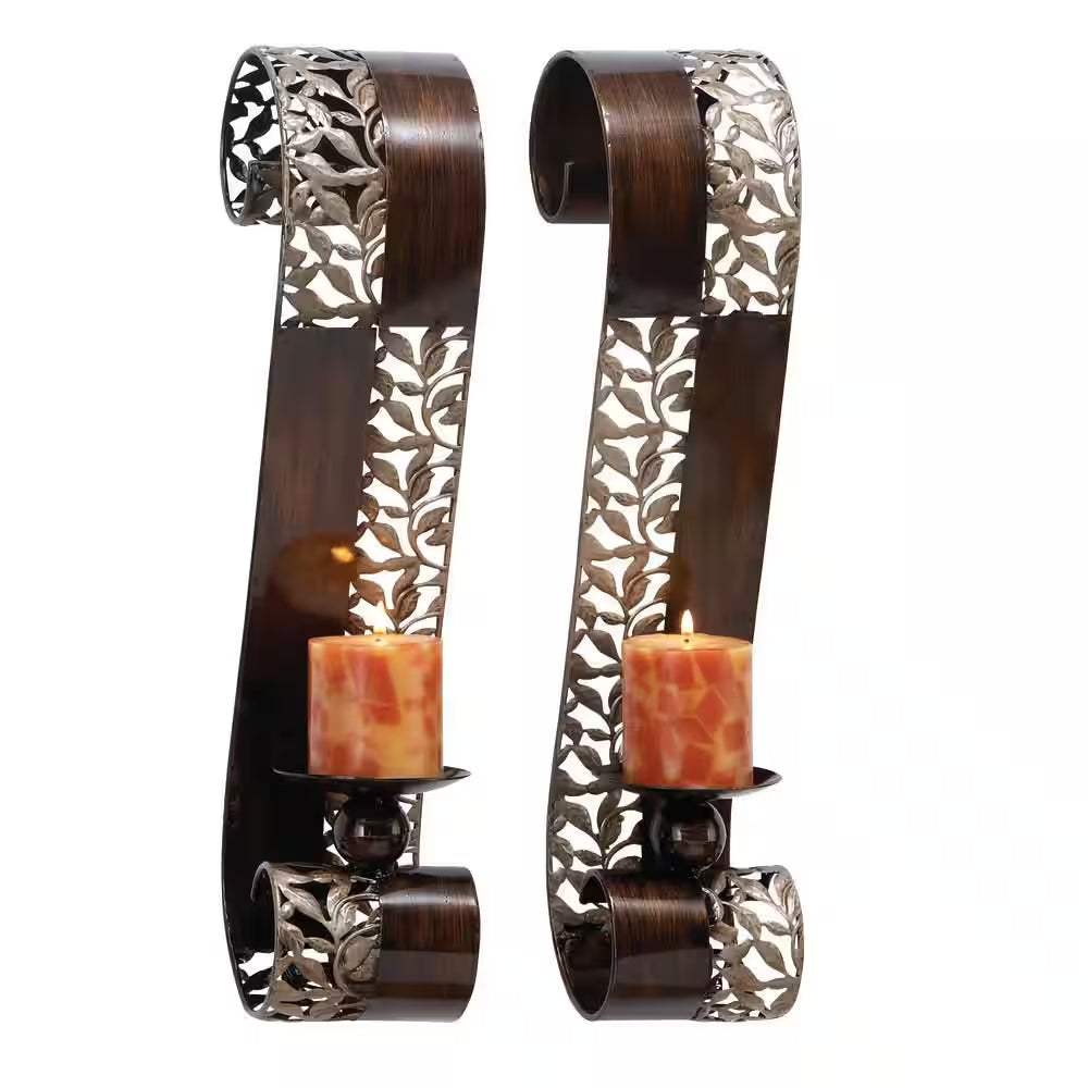 Brown Metal Leaf Wall Sconce with Scroll Designs (2- Pack)
