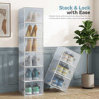 12-Pack Stackable Clear Shoe Box Organizer, Plastic Storage Bins for Closet Hallway & Bedroom, Ventilated & Stackable Shoe Storage Container Set Holds Shoes up to US Size 9, White