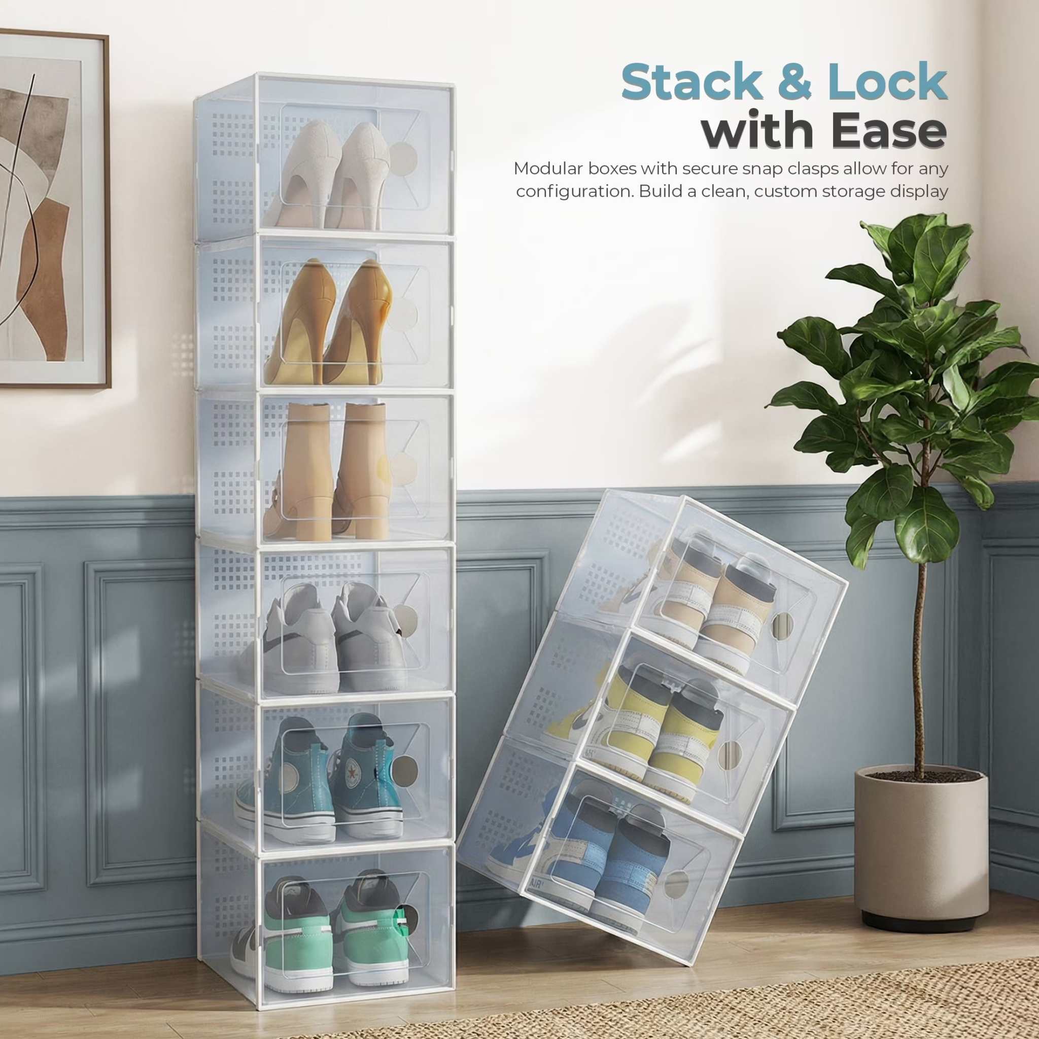 12-Pack Stackable Clear Shoe Box Organizer, Plastic Storage Bins for Closet Hallway & Bedroom, Ventilated & Stackable Shoe Storage Container Set Holds Shoes up to US Size 9, White