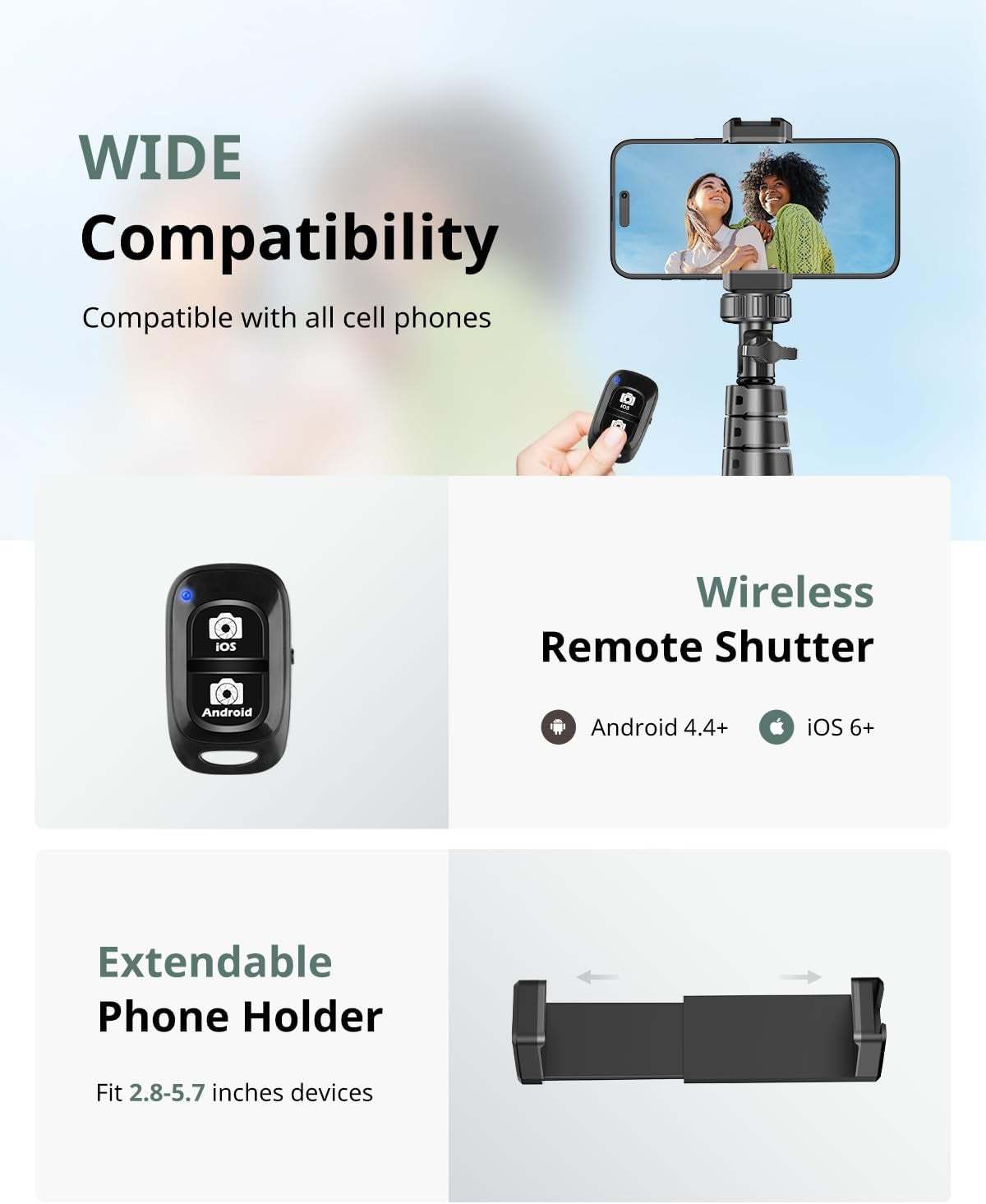 62'' phone tripod and selfie stick with wireless remote and adjustable phone holder for iPhone and Android phones