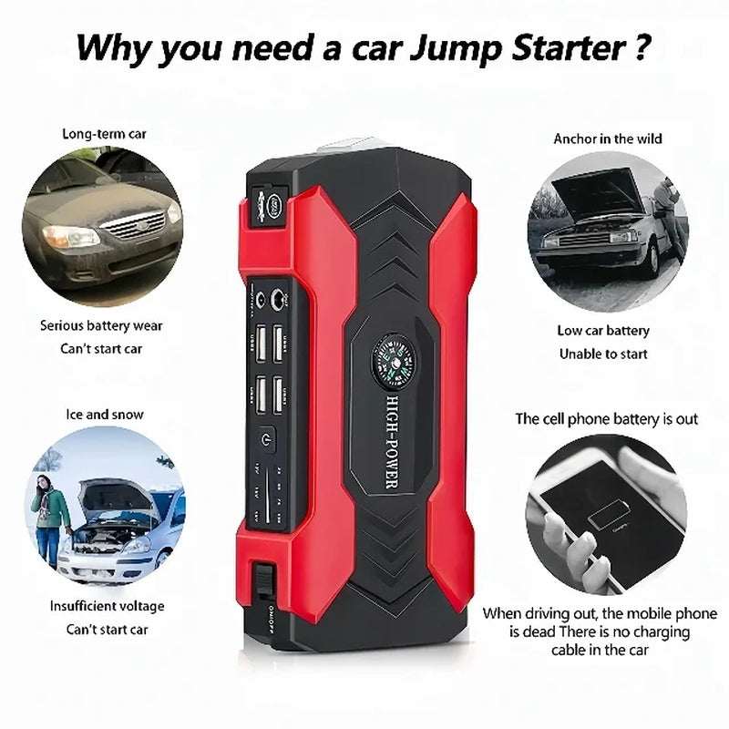 99800Mah Car Jump Starter with LED flashlight, emergency safety hammer, compass, and 4 USB ports for fast charging and car battery boost