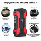 99800Mah Car Jump Starter with LED flashlight, emergency safety hammer, compass, and 4 USB ports for fast charging and car battery boost