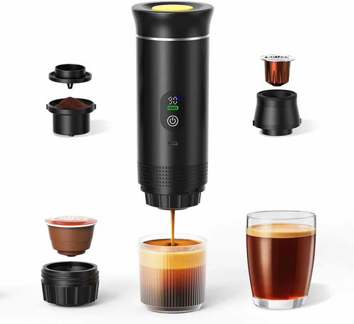 Compact 3-in-1 portable coffee maker with USB-C, LED display, and 20-bar pressure for travel and outdoor use