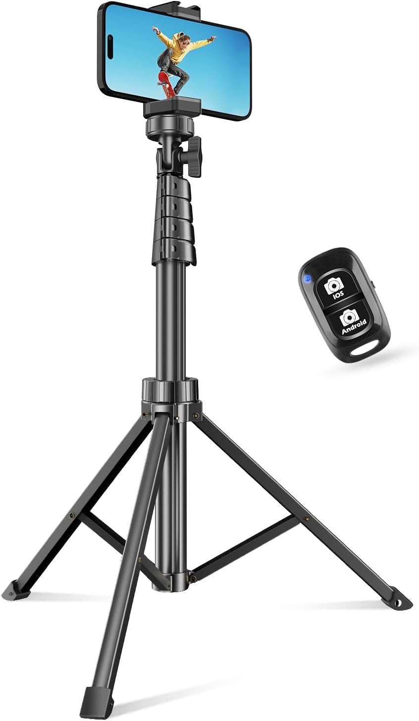 62" Phone Tripod & Selfie Stick, Extendable Cell Phone Tripod Stand with Wireless Remote and Phone Holder, Compatible with Iphone Android Phone, Camera