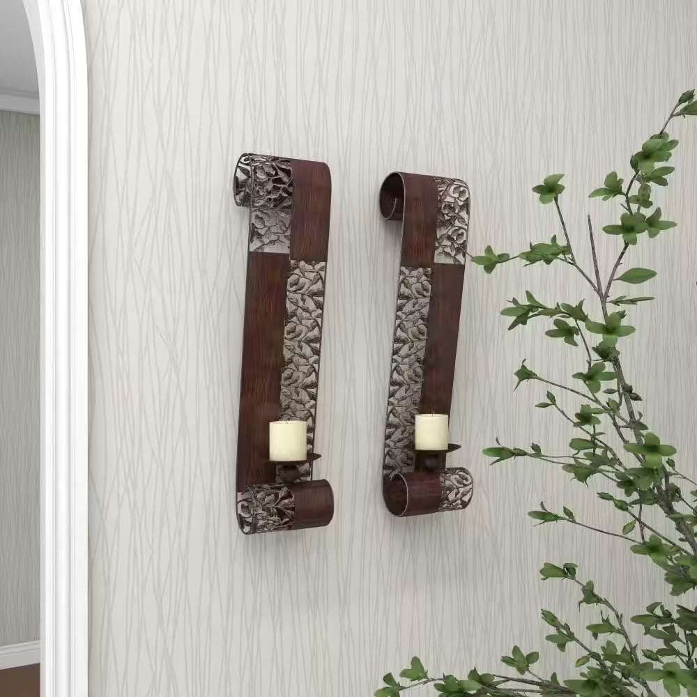Brown Metal Leaf Wall Sconce with Scroll Designs (2- Pack)