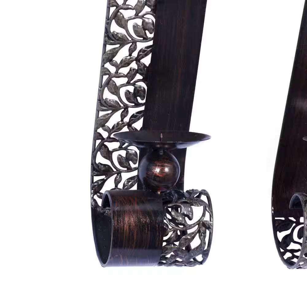 Brown Metal Leaf Wall Sconce with Scroll Designs (2- Pack)