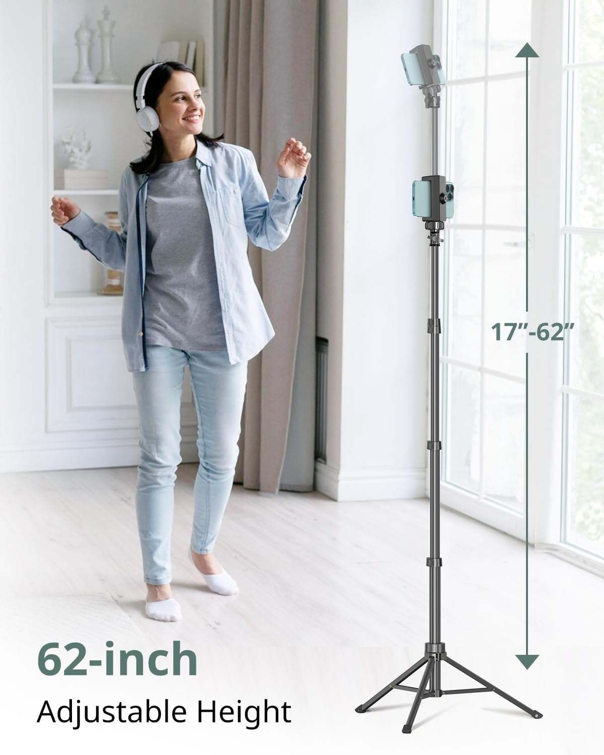 62" Phone Tripod & Selfie Stick, Extendable Cell Phone Tripod Stand with Wireless Remote and Phone Holder, Compatible with Iphone Android Phone, Camera