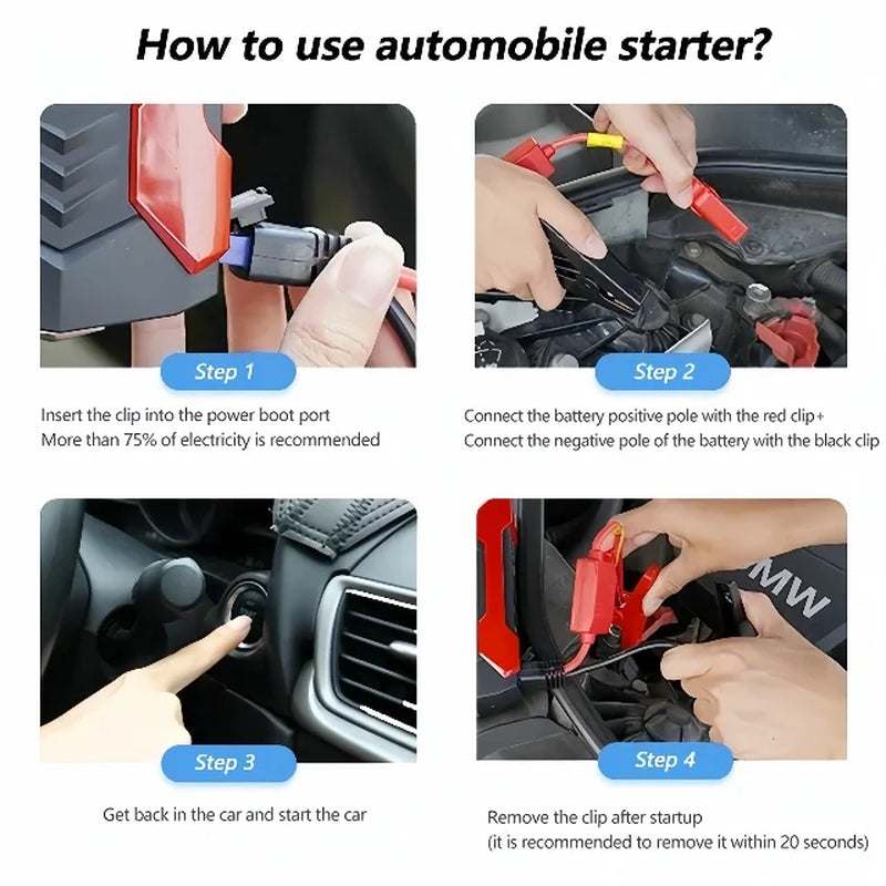 99800Mah car jump starter with emergency LED light, safety hammer, compass, and 4 USB ports portable power bank